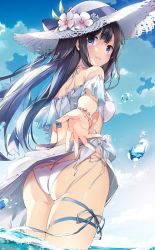 Rule 34 | 1girl, absurdres, ass, bikini, black hair, blue sky, blush, bracelet, cloud, commentary request, day, flower, hat, hat flower, hat ribbon, highres, jewelry, karory, long hair, open mouth, original, outdoors, outstretched arm, purple eyes, ribbon, sarong, shoulder blades, sidelocks, sky, smile, solo, standing, sun hat, swimsuit, thighs, wading, water drop, white bikini, white sarong