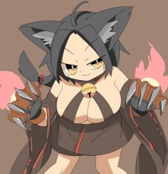 Rule 34 | 1girl, :3, ahoge, animal ears, animal hands, bell, black hair, breasts, brown background, brown skirt, cat ears, cat girl, claws, cleavage, closed mouth, commentary request, dark skin, detached sleeves, facial mark, feet out of frame, gloves, jingle bell, kyuumei neko (onmyoji), large breasts, leaning forward, lets0020, looking at viewer, onmyoji, parted bangs, paw gloves, ribbon-trimmed sleeves, ribbon trim, short hair, simple background, skirt, slit pupils, smile, solo, v-shaped eyebrows, whisker markings, wide sleeves