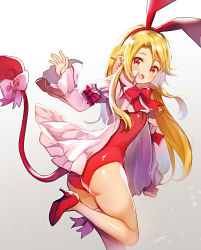 Rule 34 | 1girl, :d, animal ears, ass, bare legs, blonde hair, bow, bowtie, commentary request, demon tail, disgaea, earrings, fake animal ears, fang, flonne, from behind, gradient background, grey background, hairband, high heels, jewelry, leaning forward, leotard, long hair, long sleeves, looking at viewer, looking back, meesuke, open clothes, open mouth, pink bow, playboy bunny, pointy ears, rabbit ears, red bow, red bowtie, red eyes, red footwear, red hairband, red leotard, shiny skin, smile, solo, tail, tail bow, tail ornament, very long hair, waving
