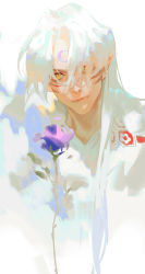 Rule 34 | 1boy, closed mouth, crescent, facial mark, flower, forehead mark, fur, hair over one eye, highres, inuyasha, japanese clothes, long hair, looking at viewer, male focus, parted bangs, pointy ears, purple flower, qiuyanga, sesshoumaru, simple background, solo, white background, white hair, yellow eyes
