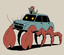 Rule 34 | 1girl, car, crab claw, eyeball hair ornament, full body, hand up, hermit crab, highres, lizard tail, long sleeves, monster girl, motor vehicle, open mouth, original, outstretched arm, pointing, red hair, short hair, simple background, smile, solo, tail, takurada, wide sleeves