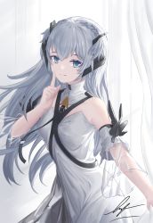 Rule 34 | 1girl, artist name, blue eyes, blue hair, braid, breasts, character request, closed mouth, dress, finger to cheek, girls&#039; frontline, girls&#039; frontline neural cloud, highres, light blue hair, long hair, looking at viewer, simple background, small breasts, smile, solo, standing, unitaka, white dress