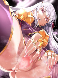 Rule 34 | 1girl, armor, bare shoulders, bikini armor, bracelet, breasts, censored, circlet, crotch, detached sleeves, dress, earrings, fate/grand order, fate (series), from below, gluteal fold, hair ribbon, hajime kaguchi, jewelry, kama (fate), large breasts, long hair, looking at viewer, looking down, mosaic censoring, nail polish, open mouth, purple dress, purple sleeves, purple thighhighs, pussy, red eyes, ribbon, ring, silver hair, smile, solo, spread pussy, thighhighs, thighlet, thighs