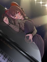 Rule 34 | 1girl, animal ears, black dress, black ribbon, black shirt, breasts, brown hair, cleavage, dog ears, dog girl, dress, dutch angle, hair ribbon, hakkaku shikimi, heterochromia, highres, instrument, inui toko, inui toko (5th costume), lipstick, long hair, long sleeves, looking at viewer, lying, makeup, nail polish, nijisanji, official alternate costume, on side, piano, red eyes, red lips, red nails, ribbon, see-through, see-through cleavage, shirt, solo, sparkle, virtual youtuber, yellow eyes