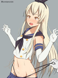 Rule 34 | 10s, 1girl, blonde hair, blue skirt, blush, brown eyes, elbow gloves, gloves, grey background, groin, hairband, highres, kantai collection, kurowan, long hair, navel, open mouth, panties, panty lift, panty pull, shimakaze (kancolle), simple background, sketch, skirt, solo focus, surprised, surprised arms, twitter username, underwear, wedgie, white gloves