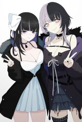 Rule 34 | 2girls, absurdres, black hair, black jacket, bow, breasts, choker, cleavage, collarbone, daydarion, fur-trimmed jacket, fur trim, highres, hololive, hololive english, indie virtual youtuber, jacket, large breasts, long hair, looking at viewer, multicolored hair, multiple girls, purple eyes, ririsya, shiori novella, shiori novella (1st costume), single thighhigh, split-color hair, thighhighs, v, virtual youtuber, white bow, yellow eyes