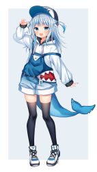 Rule 34 | 1girl, :d, absurdres, adapted costume, arm up, baseball cap, black thighhighs, blue eyes, blue nails, drawstring, fins, fish tail, full body, gawr gura, hair ornament, hat, highres, hololive, hololive english, hood, hood down, hoodie, long hair, long sleeves, looking at viewer, multicolored hair, nail polish, open mouth, overall shorts, overalls, shark girl, shark tail, sharp teeth, shoes, short shorts, shorts, shouu-kun, silver hair, simple background, smile, sneakers, solo, standing, streaked hair, tail, teeth, thighhighs, two side up, virtual youtuber, white background, white footwear, white hoodie