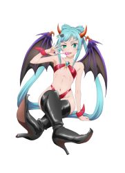 Rule 34 | 1girl, artist request, blue eyes, blue hair, blush, boots, breasts, candy, cat hair ornament, demon girl, demon horns, demon wings, female focus, food, hair ornament, highres, horns, lollipop, looking at viewer, navel, sagara momoka, simple background, small breasts, smile, solo, source request, swimsuit, valkyrie drive, valkyrie drive -mermaid-, white background, wings