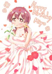 Rule 34 | 1girl, alternate costume, bare shoulders, breasts, bride, brown eyes, brown hair, character name, collarbone, commentary, dot nose, dress, english text, flower, gloves, hair between eyes, happy birthday, highres, holding, holding flower, light blush, lily (flower), long hair, low twintails, medium breasts, murosaki miyo, nuurise2023, onii-chan wa oshimai!, petals, rose petals, simple background, sleeveless, sleeveless dress, smile, solo, strapless, twintails, wedding dress, white background, white dress, white gloves