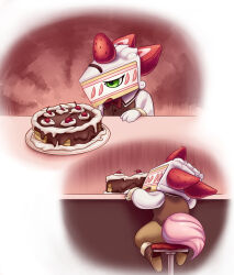 Rule 34 | cake, cherry, chocolate, cream, digimon, digimon (creature), food, fruit, green eyes, highres, open mouth, shortmon, strawberry, tail