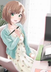 Rule 34 | 1girl, blonde hair, blush, bob cut, cardigan, chair, collarbone, curtains, desk, drawing tablet, dress, green cardigan, green eyes, hair ornament, highres, holding, holding pen, indoors, long sleeves, looking at viewer, open mouth, original, patterned clothing, pen, plant, short hair, siokazunoko, sitting, smile, solo, stylus, white dress