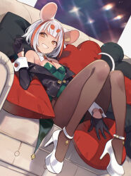 Rule 34 | 1girl, animal ears, bare shoulders, between legs, black gloves, black jacket, breasts, brown eyes, brown pantyhose, commentary request, couch, gloves, green leotard, grey hair, grin, half gloves, hand between legs, heart, heart-shaped pillow, high heels, highres, jacket, leotard, long sleeves, looking at viewer, mouse ears, multicolored hair, nontraditional playboy bunny, off shoulder, on couch, original, pantyhose, pillow, red hair, shoes, short eyebrows, short hair, small breasts, smile, solo, strapless, strapless leotard, streaked hair, thick eyebrows, white footwear, yuko (uc yuk)