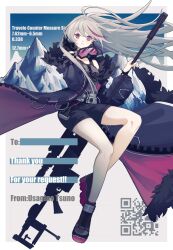 Rule 34 | 1girl, absurdres, anti-materiel rifle, black coat, bolt-action rifle, bolt action, boots, coat, commission, english text, floating hair, fur-trimmed coat, fur trim, girls&#039; frontline, goggles, goggles around neck, grey hair, gun, highres, mountain, multicolored hair, open clothes, open coat, purple eyes, purple hair, qr code, rabb horn, rifle, shorts, skeb commission, sniper rifle, streaked hair, suppressor, t-cms (girls&#039; frontline), truvelo cms, weapon