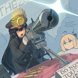 Rule 34 | 2girls, ahoge, black bow, black hair, blonde hair, blush, boa (brianoa), bow, browning m1919, bullet, buttons, closed mouth, commentary, empty eyes, english commentary, english text, fate/grand order, fate (series), foreshortening, gloves, green eyes, gun, hair between eyes, hair bow, hat, highres, holding, holding gun, holding weapon, jitome, koha-ace, long hair, long sleeves, looking at another, machine gun, military, military uniform, multiple girls, oda nobunaga (fate), oda nobunaga (koha-ace), oda uri, okita souji (fate), okita souji (koha-ace), open mouth, peaked cap, red eyes, short hair, sidelocks, sleeve cuffs, star-shaped pupils, star (symbol), symbol-shaped pupils, twitter username, uniform, very long hair, watermark, weapon, white gloves, wide-eyed
