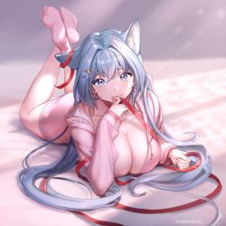 Rule 34 | 1girl, animal ear fluff, animal ears, artist name, ass, breasts, cat ears, cat girl, cleavage, commentary, full body, grey eyes, hair ornament, hair over shoulder, holding, knees apart feet together, large breasts, long hair, looking at viewer, lying, mole, mole under mouth, on stomach, open clothes, original, parted lips, red ribbon, ribbon, sidelocks, silver hair, socks, solo, thighs, umieekaki