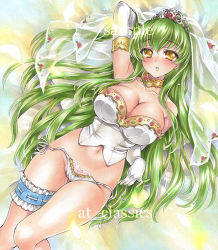 Rule 34 | 1girl, arm up, artist name, at classics, bare shoulders, blush, breasts, bridal garter, bridal veil, c.c., cleavage, code geass, cowboy shot, dutch angle, elbow gloves, flower, gloves, gluteal fold, green hair, large breasts, long hair, looking at viewer, lying, navel, no pants, on back, panties, parted lips, sample watermark, side-tie panties, sidelocks, solo, thigh gap, tiara, traditional media, underwear, untied panties, veil, very long hair, watermark, white gloves, white panties, yellow eyes