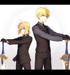 Rule 34 | 1boy, 1girl, ahoge, arthur pendragon (fate), artoria pendragon (all), artoria pendragon (fate), belt, black gloves, black necktie, black pants, black vest, blonde hair, excalibur (fate/prototype), excalibur (fate/stay night), fate/prototype, fate/stay night, fate/zero, fate (series), formal, gloves, green hair, holding, holding weapon, letterboxed, looking at viewer, necktie, pants, ponytail, saber (fate), simple background, somemiya suzume, suit, vest, weapon