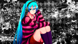 Rule 34 | 1girl, blue eyes, blue hair, cable, casual, female focus, hatsune miku, headphones, kneehighs, long hair, looking at viewer, matching hair/eyes, shorts, sitting, socks, solo, striped clothes, striped sweater, sweater, taidaru, twintails, two-tone stripes, vocaloid