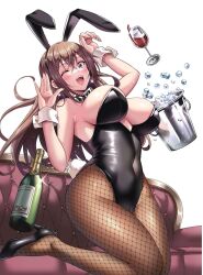 Rule 34 | 1girl, ;o, animal ears, bare shoulders, blue eyes, blush, boku no kanojo sensei, bottle, bouncing breasts, bow, bowtie, breasts, brown hair, bucket, cameltoe, champagne bottle, cleavage, couch, covered navel, crossed bangs, cup, detached collar, drinking glass, fake animal ears, fake tail, female focus, fishnet pantyhose, fishnets, fujiki maka, happy, high heels, highres, ice, ice bucket, large breasts, legs, leotard, long hair, looking at viewer, one eye closed, open mouth, oryo (oryo04), pantyhose, playboy bunny, rabbit ears, rabbit tail, sdwing, simple background, smile, solo, tail, thighs, unaligned breasts, white background, wink, wrist cuffs