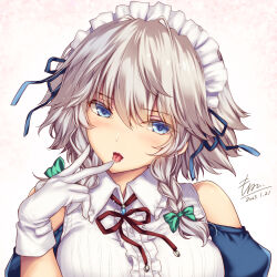 Rule 34 | 1girl, blue eyes, bow, braid, dated, gloves, green bow, hair bow, highres, izayoi sakuya, licking, licking finger, looking at viewer, maid headdress, monety, side braids, signature, simple background, solo, tongue, tongue out, touhou, twin braids, upper body, white background, white gloves