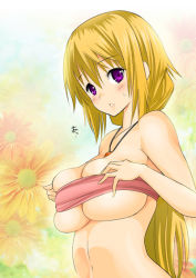 Rule 34 | 10s, 1girl, between breasts, blonde hair, breasts, charlotte dunois, infinite stratos, jewelry, navel, necklace, purple eyes, solo, strapless, tube top, undersized clothes, yahiro pochi