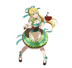 Rule 34 | 10s, 1girl, ankle ribbon, blonde hair, box, breasts, candy, chocolate, chocolate heart, cleavage, dress, food, full body, green eyes, green ribbon, hair between eyes, hair ribbon, heart, heart-shaped box, incoming food, large breasts, leafa, leg ribbon, long hair, looking at viewer, open mouth, outstretched arm, ponytail, ribbon, short sleeves, sidelocks, simple background, solo, standing, striped ribbon, sword art online, very long hair, white background, wrist cuffs