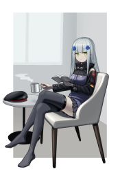 Rule 34 | 1girl, beret, black hat, black skirt, black thighhighs, book, chair, commentary request, commission, crossed legs, cup, expressionless, facial mark, full body, german flag, girls&#039; frontline, green eyes, hair ornament, hat, highres, hk416 (girls&#039; frontline), holding, holding book, holding cup, jacket, kawara pigeon, long hair, long sleeves, looking at viewer, mug, no shoes, on chair, pleated skirt, reading, silver hair, sitting, skeb commission, skirt, solo, table, thighhighs, thighs, unworn hat, unworn headwear
