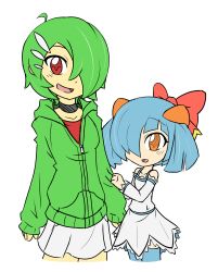 Rule 34 | 2girls, absurdres, ahoge, airalin (mark folks), alternate color, bare shoulders, blue hair, bow, child, choker, clothes grab, commentary request, creatures (company), dress, game freak, gardevoir, gen 3 pokemon, green hair, hair bow, hair ornament, highres, hood, hoodie, humanization, kirlia, looking at viewer, multiple girls, nintendo, open mouth, orange eyes, pokemon, pokemon (creature), rakkuguy, red eyes, serene (mark folks), shiny pokemon, short hair, siblings, simple background, sisters, skirt, sleeve grab, sleeves past wrists, smile, thighhighs, white background, zettai ryouiki