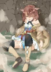 Rule 34 | 1girl, amane rosylily, animal ear fluff, animal ears, bare shoulders, black thighhighs, blue panties, blush, boots, breasts, brown coat, brown eyes, brown footwear, brown hair, coat, collarbone, commentary request, criss-cross halter, dress, fang, fox ears, full body, hair between eyes, half-closed eye, halterneck, heavy breathing, highres, knee boots, long sleeves, one eye closed, open clothes, open coat, original, panties, polka dot, polka dot panties, sekira ame, sitting, small breasts, smoke, solo, star (symbol), stone wall, tears, thighhighs, thighhighs under boots, torn clothes, torn dress, underwear, wall, white dress