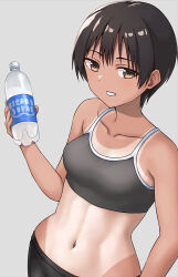 Rule 34 | 1girl, abs, black tank top, bottle, breasts, brown eyes, commentary request, grin, hashi, holding, holding bottle, looking at viewer, medium breasts, navel, one-piece tan, original, short hair, simple background, smile, solo, tan, tank top, tanline, tomboy, water bottle