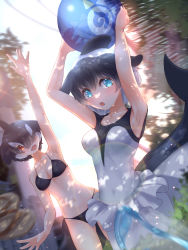 Rule 34 | 2girls, absurdres, arm at side, arm up, armpits, arms up, ball, beachball, bikini, black bikini, black hair, blowhole, blue eyes, blush, breasts, brown eyes, cetacean tail, cleavage, collarbone, colored inner hair, commerson&#039;s dolphin (kemono friends), covered navel, dappled sunlight, day, dolphin girl, dorsal fin, dutch angle, fins, fish tail, hair over one eye, head fins, highres, holding, holding ball, japari symbol, kemono friends, long bangs, looking at viewer, medium breasts, medium hair, multicolored hair, multiple girls, navel, one-piece swimsuit, open mouth, orca (kemono friends), outdoors, outstretched arm, outstretched arms, parted bangs, sarutori, smile, stomach, sunlight, sweat, swimsuit, tail, two-tone hair, white hair, white one-piece swimsuit