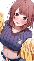 Rule 34 | 1girl, belt, belt buckle, black belt, blue lock, blue shirt, blush, breasts, brown eyes, brown hair, buckle, collarbone, commentary request, long hair, medium breasts, midriff, navel, omuretsu, open mouth, pom pom (cheerleading), shirt, shorts, simple background, solo, striped clothes, striped shirt, teieri anri, tied shirt, v-shaped eyebrows, vertical-striped clothes, vertical-striped shirt, wavy mouth, white background, white shorts