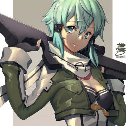 Rule 34 | 1girl, cropped jacket, fingerless gloves, gloves, green eyes, green hair, gun, hair ornament, hairclip, looking at viewer, lucidsky, rifle, scarf, short hair, signature, sinon, smile, solo, sword art online, weapon