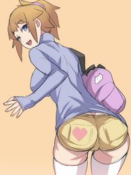 Rule 34 | 10s, 1girl, :d, alternate costume, ass, bag, ban! (bansankan), blue eyes, breasts, brown hair, butt crack, cameltoe, gundam, gundam build fighters, gundam build fighters try, heart, heart print, hoshino fumina, large breasts, long sleeves, looking at viewer, looking back, open mouth, scrunchie, short hair, short ponytail, short shorts, shorts, sketch, smile, solo, thighhighs, thong, turtleneck, white thighhighs, yellow background
