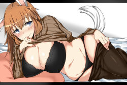 Rule 34 | 1girl, animal ears, bed, black bra, black panties, black pantyhose, blue eyes, blush, bra, breasts, brown hair, charlotte e. yeager, cleavage, clothes pull, crotch seam, groin, huge breasts, komusou (jinrikisha), long hair, looking at viewer, lying, navel, on side, orange hair, panties, pants, pants pull, pantyhose, pantyhose pull, pillow, rabbit ears, rabbit girl, rabbit tail, ribbed sweater, smile, solo, strike witches, sweater, tail, thighband pantyhose, underwear, world witches series