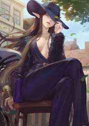 Rule 34 | 1girl, adjusting clothes, adjusting headwear, arm support, bag, belt, black hair, blue sky, blush, breasts, casual, chair, cleavage, fate/apocrypha, fate/grand order, fate (series), floating hair, fur-trimmed sleeves, fur trim, handbag, hat, highres, jewelry, large breasts, long hair, looking at viewer, mashuu (neko no oyashiro), necklace, open mouth, outdoors, pointy ears, purple hat, semiramis (fate), sitting, sky, smile, solo, very long hair, wind, yellow eyes