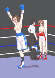 Rule 34 | 2girls, arms up, blood, blood on face, boxing, boxing gloves, boxing ring, boxing shorts, bruise, bruise on face, bruised eye, injury, multiple girls, nipples, nosebleed, open mouth, original, referee, santos, shorts, smile, topless