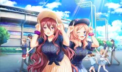 Rule 34 | ;d, baseball cap, baseball stadium, baseball uniform, black pants, black thighhighs, blue hat, blue shirt, blue skirt, brown footwear, brown hair, brown hat, bush, cinderella series, cloud, facepaint, game cg, hachigatsu no cinderella nine, hair between eyes, hair ornament, hairclip, hanayama emi, hat, high ponytail, highres, honjo chikage, horns pose, index finger raised, lens flare, light rays, long hair, looking at viewer, nippon professional baseball, non-web source, official art, one eye closed, open mouth, orix buffaloes, outdoors, pants, parted bangs, pink hair, pink scrunchie, pleated skirt, purple eyes, purple hair, purple scrunchie, red skirt, scrunchie, shirt, short sleeves, sidelocks, skirt, sky, smile, sportswear, standing, sunbeam, sunlight, thighhighs, tied shirt, tree, very long hair, wavy hair, wrist scrunchie, yellow skirt