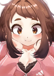 Rule 34 | 10s, 1girl, black bra, blush, boku no hero academia, bra, breasts, brown eyes, brown hair, cleavage, collarbone, commentary request, dot nose, eyebrows, face, hand on own cheek, hand on own face, happy, long sleeves, looking at viewer, medium breasts, out of frame, pink sweater, short hair, short hair with long locks, simple background, smile, solo, sweater, underwear, uraraka ochako, zd (pixiv6210083)