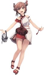 Rule 34 | 1girl, armlet, brown eyes, brown hair, double bun, dress, full body, hair bun, hair ornament, kantai collection, multicolored clothes, official alternate costume, official art, outstretched arms, red shirt, red skirt, sandals, shirt, shizuma yoshinori, skirt, tan yang (kancolle), transparent background, turret, white shirt, white skirt, yukikaze (kancolle)