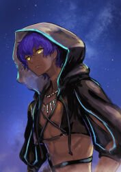 Rule 34 | 152 in can, 1boy, absurdres, black jacket, blue hair, dark-skinned male, dark skin, fate/grand order, fate (series), hassan of the shining star (fate), highres, hood, jacket, jewelry, male focus, midriff, necklace, pectorals, short hair, sky, solo, star (sky), starry sky, yellow eyes