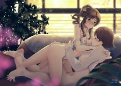Rule 34 | 2girls, ass, blue bra, blush, bra, breast sucking, breasts, brown eyes, brown hair, casino (casinoep), closed mouth, collarbone, couch, artistic error, flower, groin, hair between eyes, hair flower, hair ornament, highres, honda mio, idolmaster, idolmaster cinderella girls, indoors, lace, lace-trimmed bra, lace trim, large breasts, long hair, long sleeves, lying, medium breasts, multiple girls, nipples, non-web source, nude, on back, on couch, on person, plant, ponytail, potted plant, short hair, sidelocks, strap slip, takamori aiko, toes, underwear, window, yuri