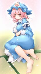 Rule 34 | 1girl, ass, barefoot, blue hat, blue kimono, breasts, center frills, closed mouth, frilled shirt collar, frills, from side, full body, hat, highres, japanese clothes, kimono, large breasts, long sleeves, looking at viewer, marukyuu ameya, medium hair, mob cap, petals, pink background, pink eyes, pink hair, saigyouji yuyuko, smile, solo, tatami, toes, touhou, triangular headpiece