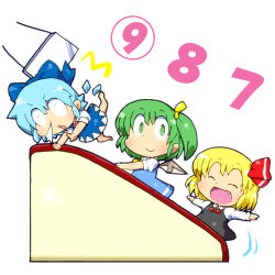 Rule 34 | 3girls, ^^^, barefoot, blonde hair, blue hair, bow, chibi, circled 9, cirno, daiyousei, dress, embodiment of scarlet devil, closed eyes, fang, gomi ichigo, green eyes, green hair, hair bow, highres, multiple girls, open mouth, outstretched arms, rumia, smile, spread arms, touhou, wings