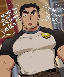 Rule 34 | 1boy, apron, bara, barista, beard stubble, black hair, cafe, dutch angle, english text, facial hair, frown, highres, huge eyebrows, large pectorals, lmermerl, looking at viewer, lucas lee, male focus, muscular, muscular male, pectorals, scott pilgrim (series), scott pilgrim takes off, shirt, short hair, short sleeves, solo, stubble, t-shirt, tight clothes, tight shirt, upper body, waist apron
