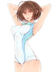 Rule 34 | 1girl, armpits, arms behind head, arms up, bad id, bad pixiv id, breasts, brown eyes, brown hair, competition swimsuit, covered navel, cowboy shot, covered erect nipples, goggles, goggles around neck, highres, ikiteru, looking at viewer, one-piece swimsuit, open mouth, original, short hair, swimsuit, white one-piece swimsuit