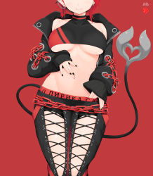 Rule 34 | 1girl, black jacket, black nails, black pants, black shirt, breasts, closed mouth, crop top, dated, fang, fang out, head out of frame, heart, highres, jacket, long sleeves, medium breasts, nail polish, nanashi inc., open clothes, open jacket, pants, puffy long sleeves, puffy sleeves, red background, ryugasaki rene, ryugasaki rene (1st costume), shirt, simple background, sleeves past wrists, smile, solo, spread navel, sugar lyric, tail, temari rin, underboob, virtual youtuber