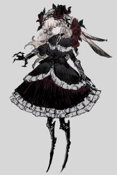 Rule 34 | 1girl, absurdres, black dress, brown eyes, brown hair, claws, closed mouth, commentary request, dress, flower, full body, gradient hair, grey background, hair flower, hair ornament, hand up, highres, horns, jiz (pffbq), long hair, looking at viewer, maid headdress, monster girl, multicolored hair, no feet, original, simple background, solo, standing
