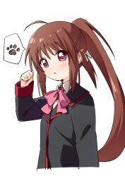 1girl :o ahoge bell black_jacket blush brown_hair collared_shirt commentary_request cropped_torso dot_nose hair_bell hair_ornament hand_up haru_(konomi_150) highres jacket jingle_bell little_busters! long_hair long_sleeves looking_at_viewer natsume_rin neck_ribbon open_mouth pink_ribbon ponytail red_eyes ribbon shirt sidelocks simple_background solo white_background white_shirt