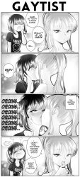Rule 34 | 2girls, 4koma, :d, ^ ^, absurdres, band shirt, blunt bangs, blush, braid, closed eyes, comic, commentary, earrings, english text, fang, french kiss, full-face blush, greyscale, grs-, head steam, highres, jewelry, kiss, medium hair, merchandise, mirrored text, monochrome, multiple girls, nirvana (band), open mouth, original, pearl earrings, piercing, ponytail, right-to-left comic, short hair, skin fang, smile, speech bubble, steam, teeth, upper teeth only, yuri